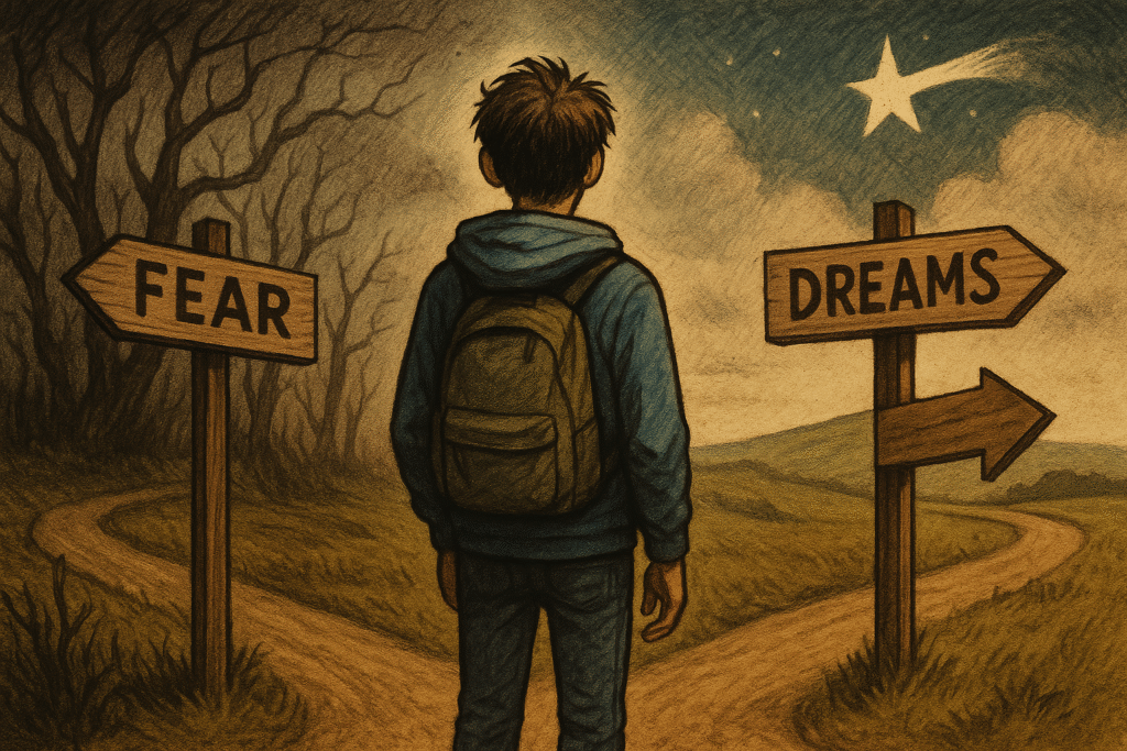 A young person at a life crossroads, symbolizing why most people fail their dreams in their 20s.